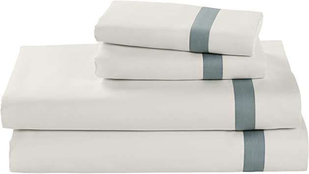 Stone & Beam Banded 100% Percale Cotton Bed Sheet Set, Easy Care, Queen, Lagoon