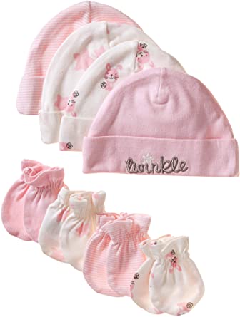 Gerber Baby Girls' 8-Piece Organic Cap and Mitten Set