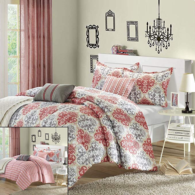 Veneto 6-Piece Luxury Reversible Comforter Set Queen Size, Printed; Comes With Quilt, Shams and Decorative Pillows