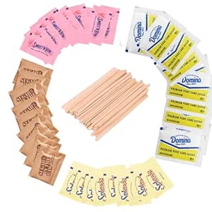 Sugar Packets & Sweetener Assortment Packets Packaged by Bools, Sugar Packets, Splenda, Sweet'N Low Brown Sugar, Plus Bools Wooden Coffee Stirrers (300 Pack) Sugar Packets for Home, Office, Coffee,