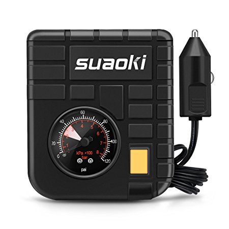 Suaoki DC 12V Portable Mini Air Compressor Tire Inflator - 3 Nozzle Adaptors, 4'' Air Hose, 9.84ft Cord with Cigarette Plug, Pump to 120 PSI for Tires, Balls and Inflatable Objects, Black