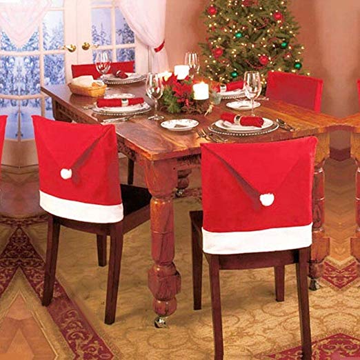 Luca-Christmas 4pcs Santa Red Hat Chair Covers, Decorations Dinner Chair Sets