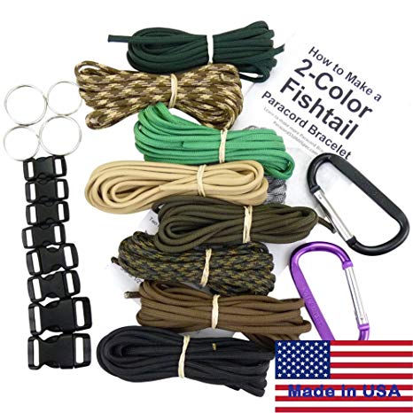 Paracord Survival Bracelet & Project Kit.  550 Parachute Cord, Buckles, Carabiners, Key Rings, Instructions, 2 eBooks.  ("Starter" & "Hardware" Kits Include Paracord Needle & Forceps.)  Made In US.