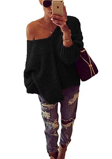 Oyanus Women's Casual Off Shoulder Long Sleeve Loose Cable Knit Pullover Sweater