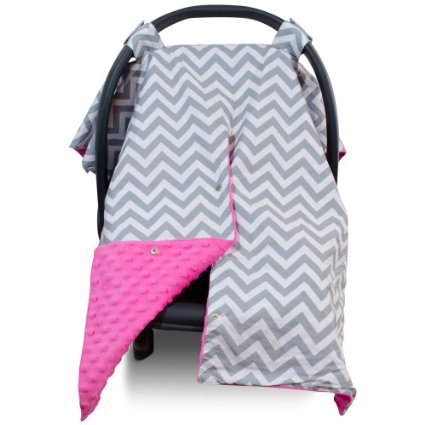 Premium Carseat Canopy Cover / Nursing Cover- Large Chevron Pattern w/ Hot Pink Minky | Best Infant Car Seat Canopy for Girls | Cool/ Warm Weather Car Seat Cover | Baby Shower Gift 4 Breastfeeding Mom