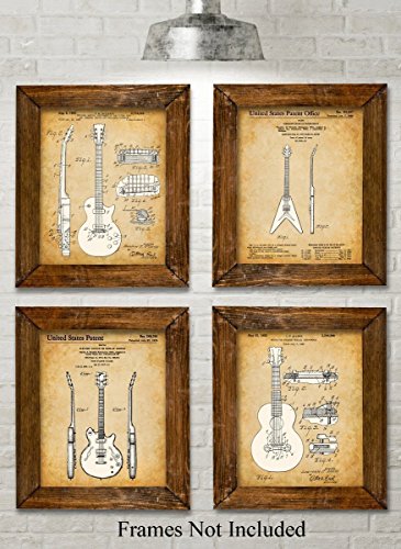 Original Gibson Guitars Patent Art Prints - Set of Four Photos (8x10) Unframed - Great Gift for Guitar Players
