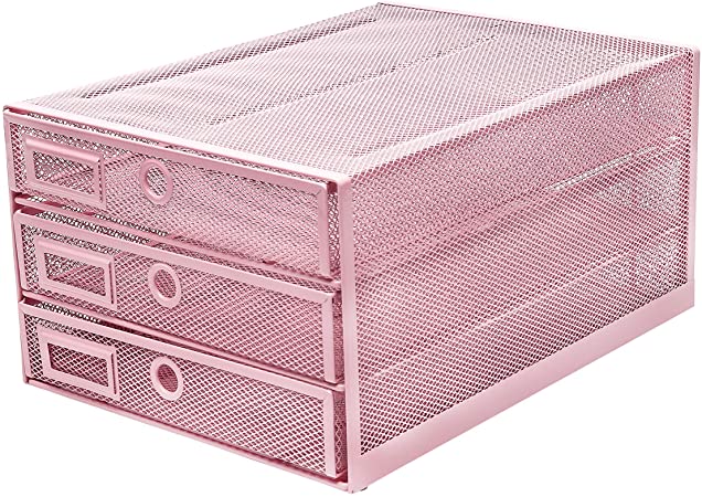 Exerz Desk Organizer Wire Mesh 3 Tier Sliding Drawers Paper Sorter/Multifunctional/Premium Solid Construction for Letters, Documents, Mail, Files, Paper, Kids' Art Supplies (Light Pink)
