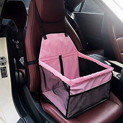 DAN Pet Booster Seat Dog Cat Cage Comfort Travel Waterproof Foldable Safety Car Front or Rear Seats with Seat Belt Tether (pink)