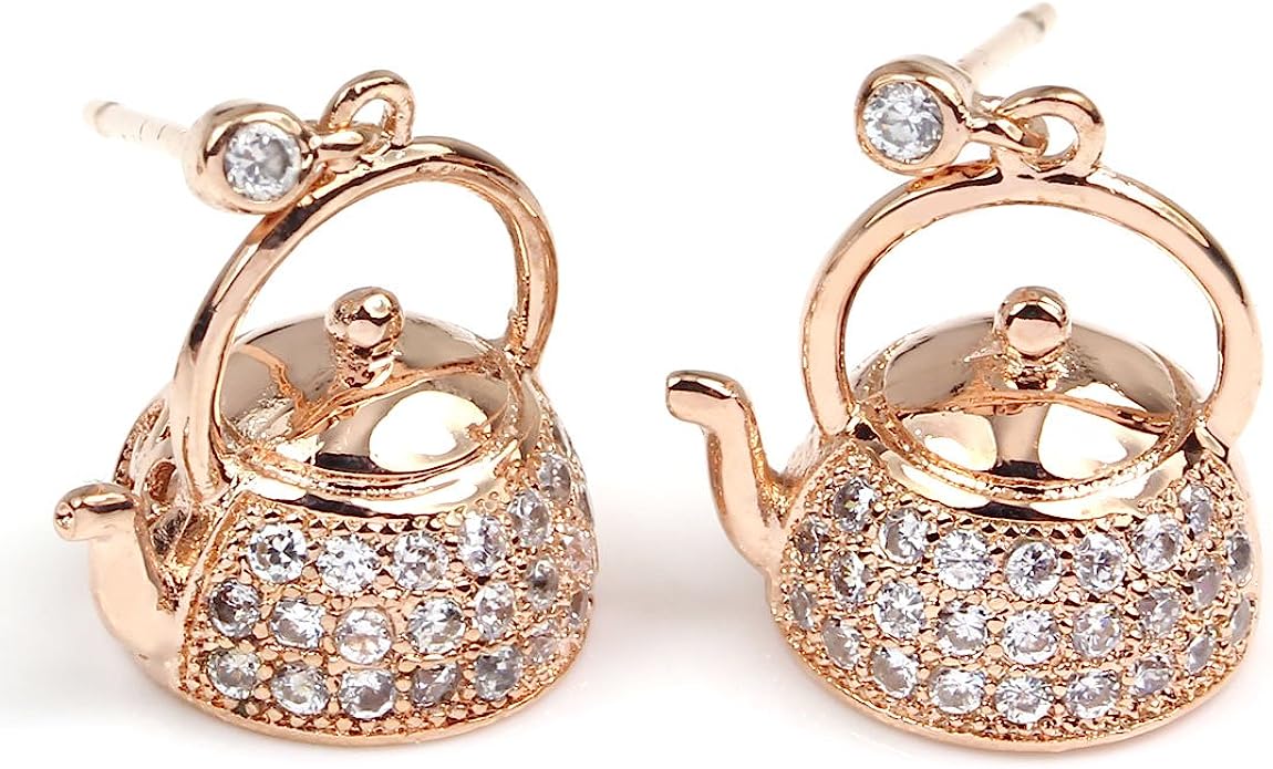 FC JORY Women Rose & White Gold CZ Kettle Teapot Crystal Pierced Dangle Drop Earrings