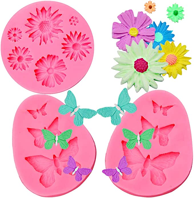 BESTZY Silicone Molds Soap Mold Clay Fondant Fimo Chocolate Sugarcraft Baking Tool DIY Cake for Baby Shower Party Cake Decoration Design Flower Daisy Butterfly 3 PCS