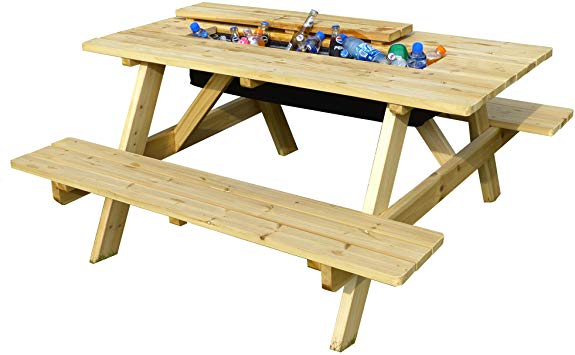 Merry Garden Cooler Wooden Picnic Table and Bench Kit Outdoor Patio Dining Table, Natural