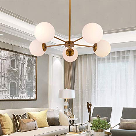 5-Light Chandelier Pendant, Brushed Brass with Glass Globes, Classic Mid Century Modern Lighting Fixture, Branch Molecule Magic Bean Pendant Light for Living Dining Room