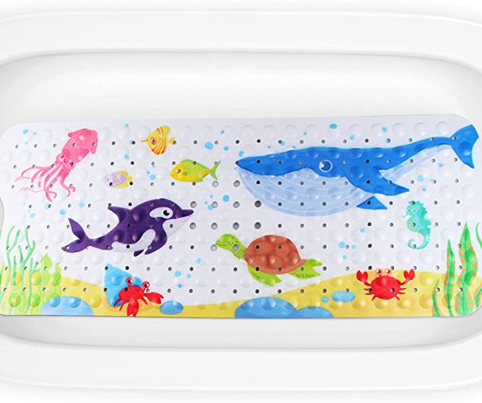 EKKONG Non-slip bath mat for children, odourless. Extra long bath mat 100 x 40 cm with child-friendly motifs. (blue whale)