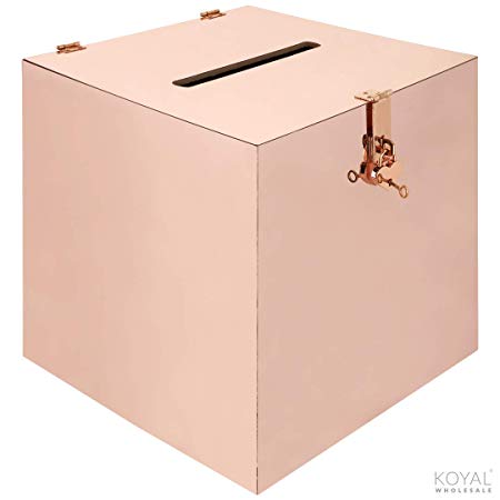 Koyal Wholesale Rose Gold Mirror Acrylic Wedding Card Box with Slot and Gold Metallic Lock Buckle, 12" x 12" x 12", Wishing Well Card Holder Gift Box for Weddings, Anniversaries, Birthdays, Graduation