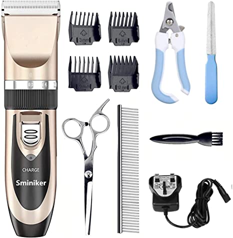 Sminiker Profession Dog Clippers Rechargeble Cordless Dog Grooming Clippers Low Noise Pet Clippers with 4 Comb Guides for Small Medium Large Dogs Cats and Other House Animals, Pet Grooming Kit