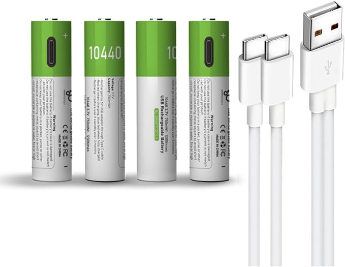 USB 10440 Lithium ion Rechargeable Battery, High Capacity 3.7V 750mWh Rechargeable 10440 Battery, Fast Charge, 1200 Cycle with Type C Port Cable, Constant Output,4-Pack