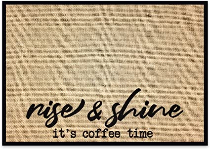 New Mungo Coffee Bar Mat - Coffee Bar Accessories for Coffee Bar Decor - Coffee Decor for Coffee Station - Rise & Shine It's Coffee Time - Burlap Placemat with Fabric Backing - 20”x14”