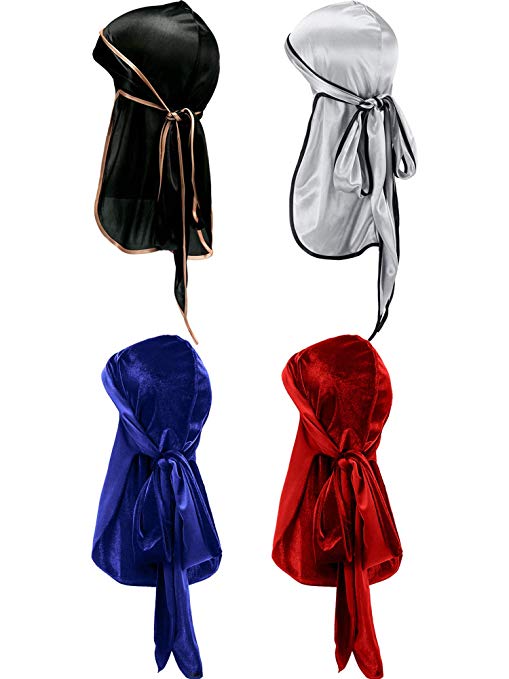 Tatuo 2 Pieces Velvet Durag and 2 Pieces Silky Soft Durag Cap Headwraps with Long Tail and Wide Straps for 360 Waves