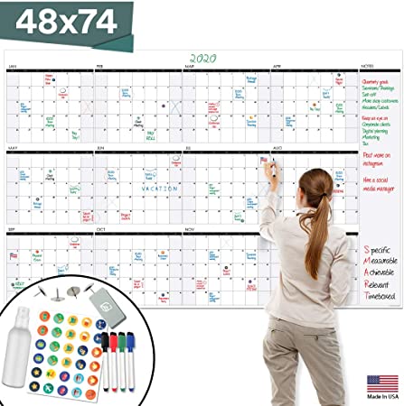 Large Dry Erase Wall Calendar - 48" x 74" - Undated Blank 2020 Reusable Yearly Calendar - Giant Whiteboard Year Poster - Laminated Office Jumbo 12 Month Calendar