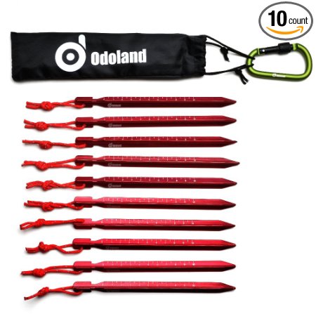 Tent Stake Set,ODOLAND 10PCS Best Heavy Duty 7" Stakes Superior Aluminum Tent Stake with Bag and Carabiner for Camping Outdoor