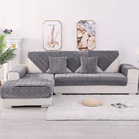 TEWENE Sofa Cover, Velvet Couch Cover Anti-Slip Sectional Couch Covers Sofa Slipcover for Dogs Cats Pet Love Seat Recliner Armrest Backrest Cover Grey (Sold by Piece/Not All Set)