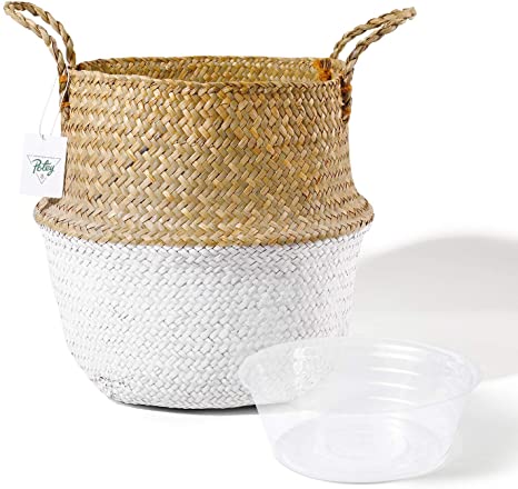 POTEY 710202 Seagrass Plant Basket - Hand Woven Belly Basket with Handles, Large Storage Laundry, Picnic, Plant Pot Cover, Home Decor and Woven Straw Beach Bag (Large, Original White)