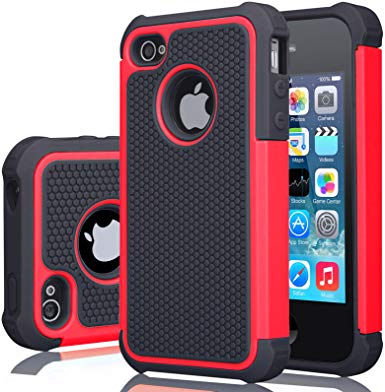iPhone 4S Case, iPhone 4 Cover, Jeylly Shock Absorbing Hard Plastic Outer   Rubber Silicone Inner Scratch Defender Bumper Rugged Hard Case Cover for Apple iPhone 4/4S - Red