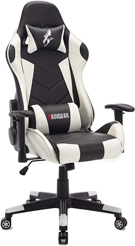 Gaming Chair Leather High Back Racing Style Computer PC Chair Ergonomic Desk Chair Swivel Gaming Chair with Lumbar Support and Headrest (Black/White)
