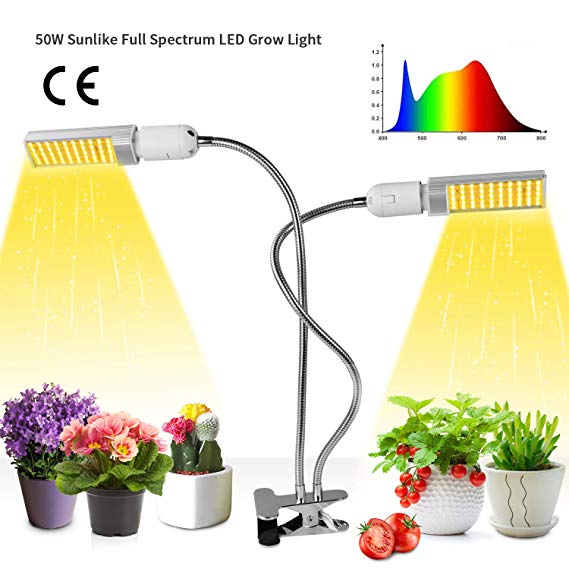 50W LED Grow Light,Growstar Sunlike Full Spectrum Grow Lamp,Dual Head 360 Degree Gooseneck Plant Light with Replaceable Bulb,Double Switch,for Indoor Herb Garden/Office Seedling,Growing,and Fruiting