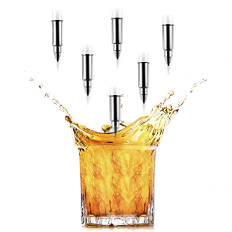 Y&R Direct 6 PCS Premium Whiskey Stones Bullet Shaped Whiskey Rocks FDA-approved Stainless Steel Ice Cubes, Whiskey Chillers with Ice Tongs and Velvet Bag