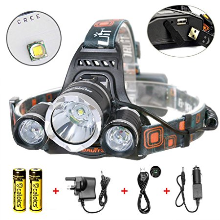 Boruit® Headlamp 5800 Lumens with 3*Cree XML L2 LED Super Bright Flashlight for Hunting, Camping, Night Fishing, Running, Reading, Kids, Perfect Hands-free Rechargeable & Waterproof Work Light