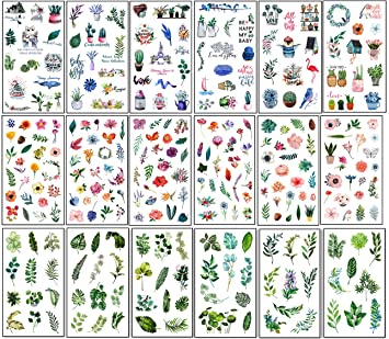 Scrapbooking Stickers, 18 Sheets (300PCS) Self Adhesive Stickers Green Plant Leaves Flowers Planner Stickers Set for Diary, Album, Notebook, Bullet Journal, DIY Arts and Crafts, Calendars (Color#C)