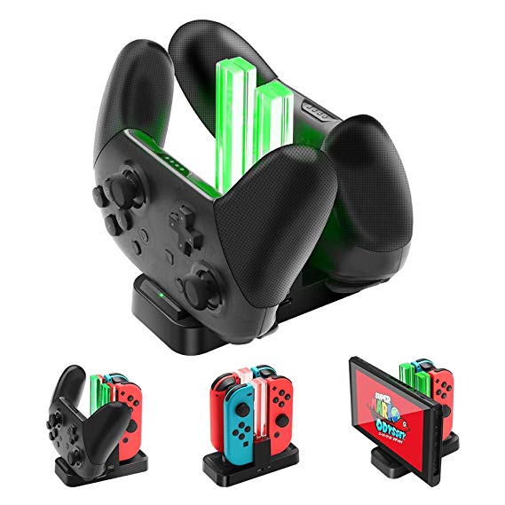 Rocketek 6 in 1 Charging Dock Station for Switch Joy-Con and Pro Controller/Charger for Nintendo Switch with LED Charging Indication, Type C Charging Cable and Power Switch