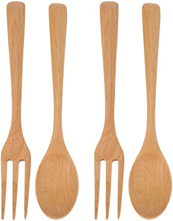 DOITOOL 4Pcs Wooden Cutlery Fork Spoon Wooden Flatware Set Kitchen Tableware Dinnerware Wooden Dinner Fork and Spoon Utensil Set for Home Kitchen Log Color