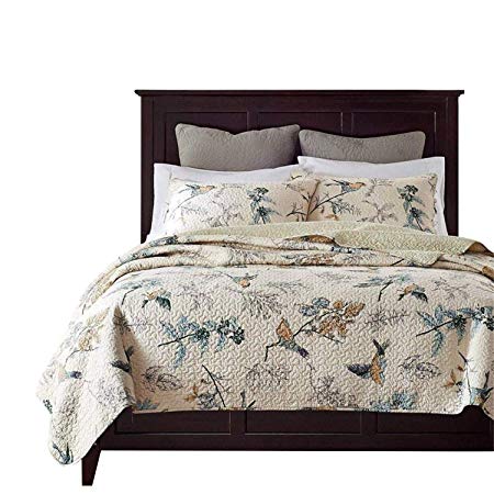 Brandream American Country Comforter Sets, Birds Printing Queen Quilt Set, Beige 3Pcs