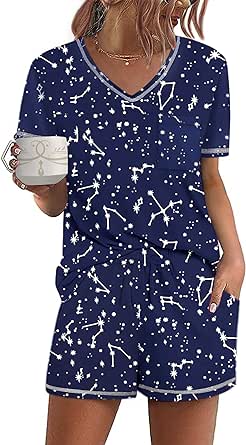 Ekouaer Women's Pajamas Sets Short Sleeve Lounge Sets Sleepwear Casual Two Piece Pjs with Pockets Star Print X-Large