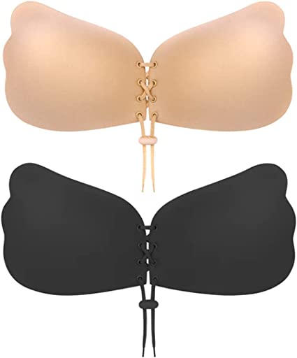 MITALOO Sticky Push Up Adhesive Invisible Backless Bra Magic Nipple Covers Strapless Bra, Beige-black, Small