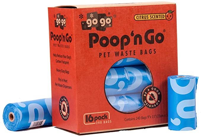 GoGo Pet Products Poop 'n Go Waste Bags (16 Rolls/240 Bags Per Box), Refreshing Citrus Scent, Sky Blue, Large