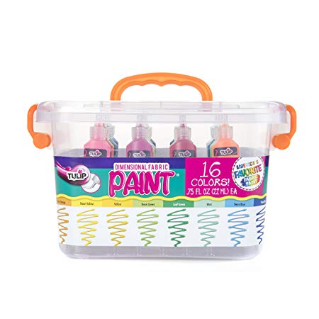 Tulip Dimensional Fabric Paint Big Box, Creative Party Kit, Includes Reusable Plastic Bin, Permanent 3D Paint for Fashion DIYs, Rock Painting, Arts & Crafts, Rainbow Colors, 16-Pack