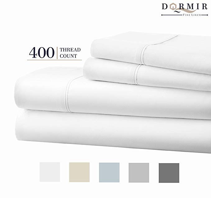 Dormir 400 Thread Count 100% Cotton Sheet Pure White Queen Sheets Set, 4-Piece Long-Staple Combed Cotton Best Sheets for Bed, Breathable, Soft & Silky Sateen Weave Fits Mattress Upto 18'' Deep Pocket