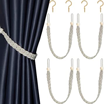 4 Pieces Braided Curtain Tiebacks Rope Belt Curtain Ties and 4 Pieces Hooks Metal Curtain Tieback Hooks for Window Curtain Accessories (Beige and Silver)