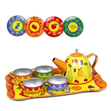 Kidcia 14 Pcs Miniature Tin Tea Set with Teapot & Tea Cups & Saucers & Plates & Tray for Kids, Fruit Design Tea Party Set for Toddlers, Yellow
