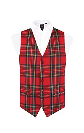 Dobell Mens Red Tartan Vest Regular Fit 5 Button Waistcoat