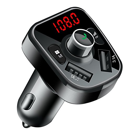 Bovon Bluetooth FM Transmitter, Hands-Free Car Kit, Wireless Radio Car Adapter with Dual USB Charger 5V/3.1A & 1A, MP3 Player Support TF Card, USB Flash Drive