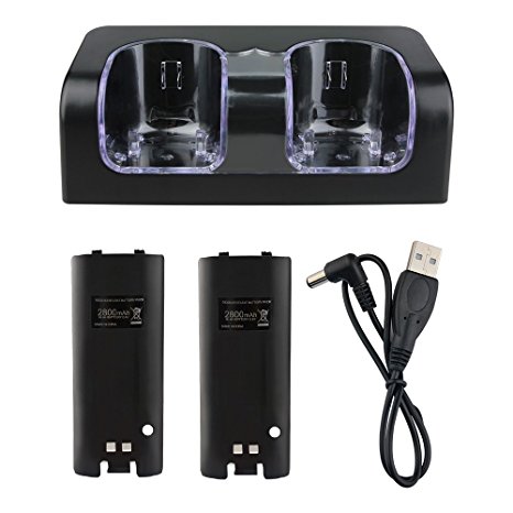 Prous LU01 Wii Remote Charger Dock With Two Batteries And LED Light Indicator For Nintendo Wii Remote And Wii U Remote-Black