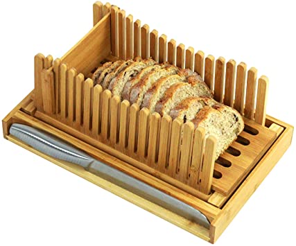 Bread Slicer For Homemade Bread Bamboo Bread Slicing Guide With Knife Adjustable 3 Thickness Size Foldable Bread Cutterwith Crumb Tray (13.7x8.7)