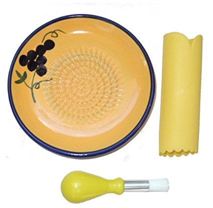 Cooks Innovations Ceramic Grater Plate Set - Yellow with Blue - 3-piece set includes Grater, silicone garlic peeler and kitchen gathering brush.