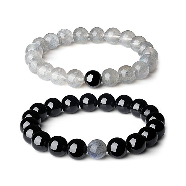 AmorWing YinYang Labradorite and Black Agate Gemstone His and Hers Couple Bracelet (2pcs)