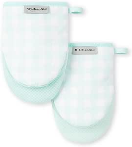 KitchenAid Gingham Mini Oven Mitt 2-Pack Set, Mineral Water, 5.5"x8"