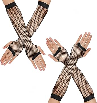 2 Pairs Fingerless Fishnet Gloves Long Fishnet Mesh Gloves 80s 90s Party Costume Accessories for Women and Girls